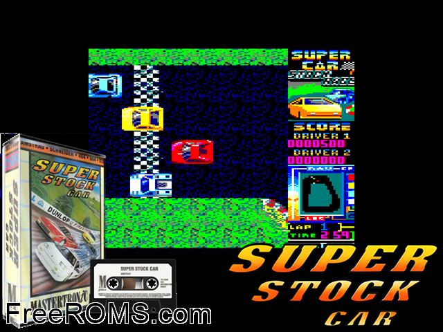 Super Stock Car (UK) (1989) [a1] Amstrad CPC game showing 3D box cover and gameplay screenshot